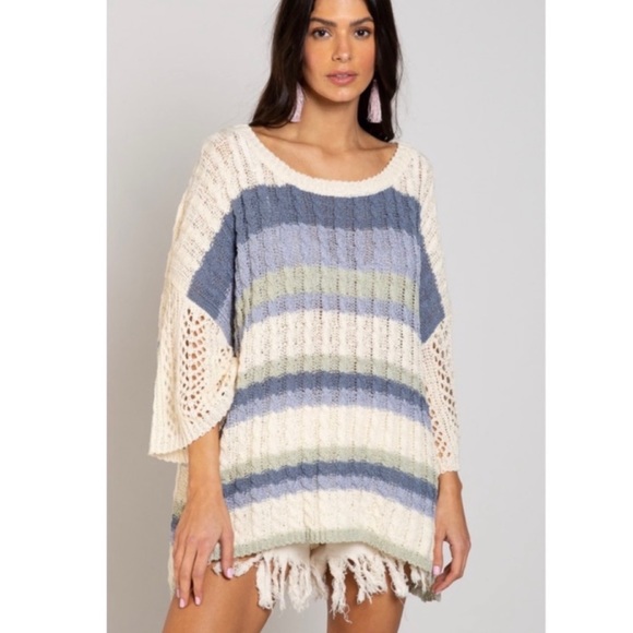 New! POL Cable Weaving Oversized 3/4 Sleeve Round Neck Multi Color Sweater Top - Picture 3 of 7